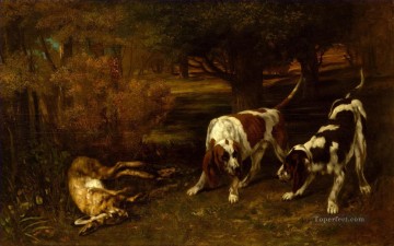 動物 Painting - ギュスターヴ・クールベ「狩猟犬と死んだウサギ」